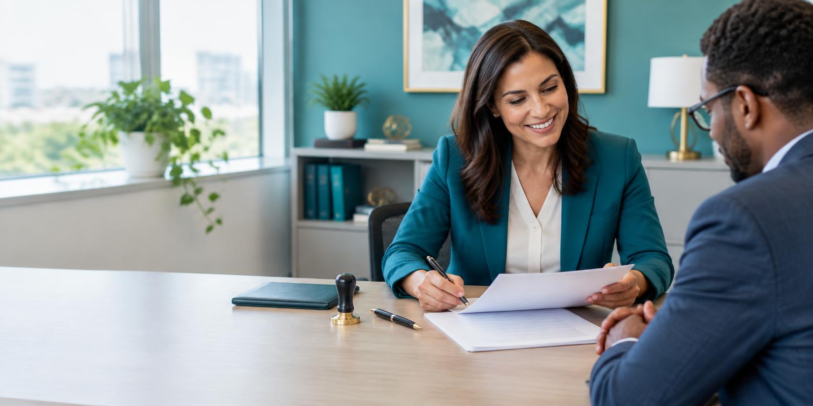 A notary reviewing documents with a client